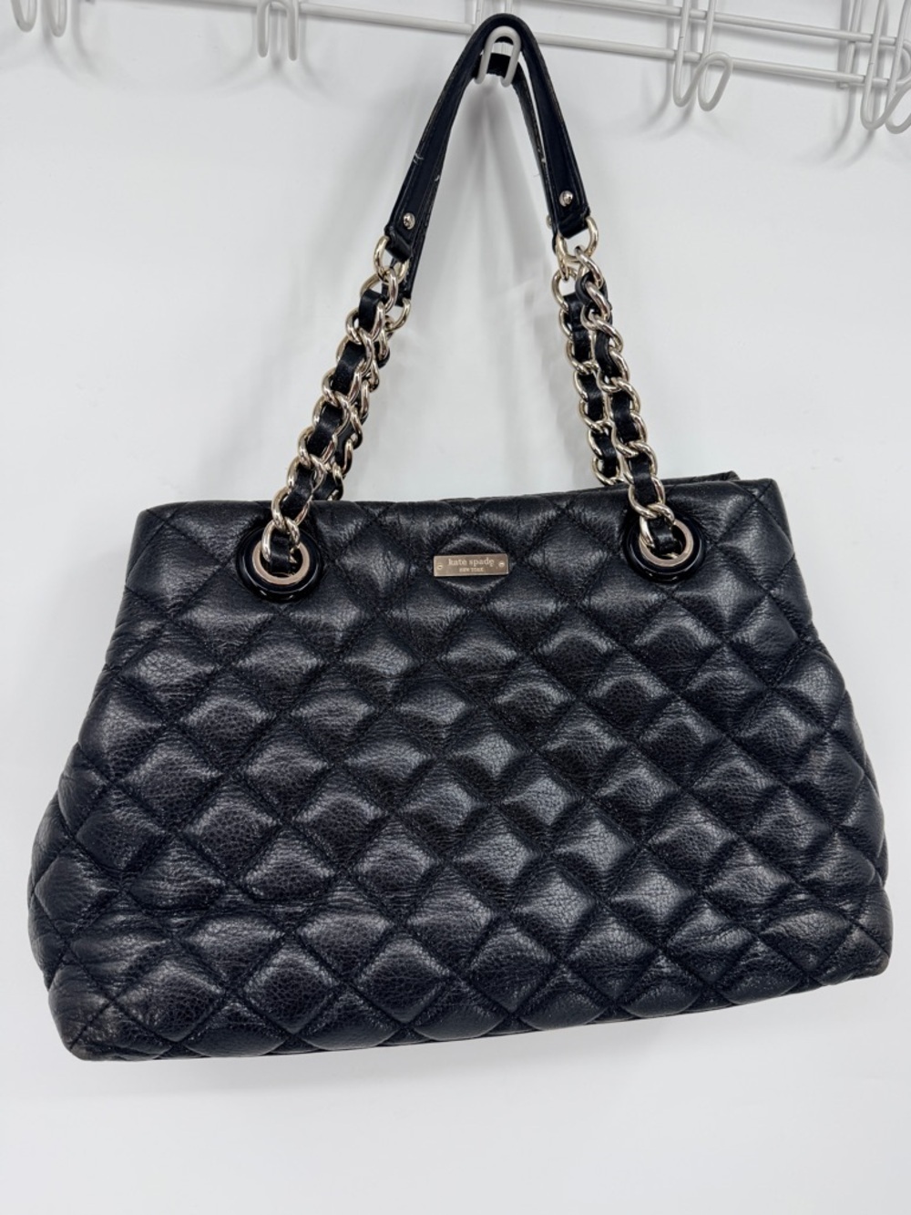 Kate Spade Black Quilted Leather Tote Shoulder Bag Gold Chain Strap